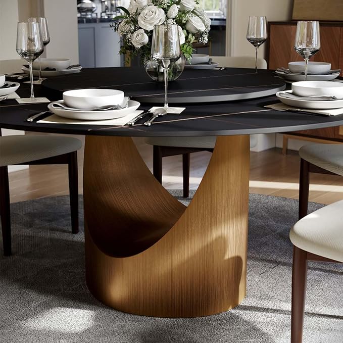 POVISON Round Dining Table with Lazy Susan for 4, 51" Matte Black Sintered Stone Top Dining Table with Bronze Carbon Steel Pedestal, Modern Dining Room Table for Kitchen, Living Room (Table Only)