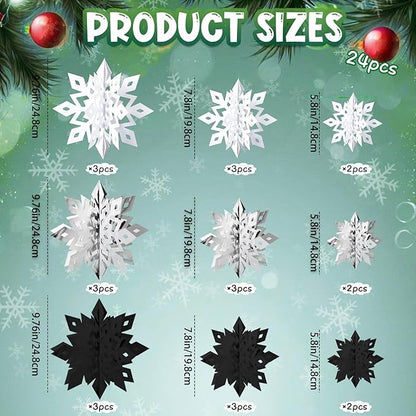 OuMuaMua Christmas Snowflake Decorations Indoor, 24PCS 3D Paper Snowflakes Hanging Ornaments Snowflake Garlands for Xmas Christmas Tree Winter Wonderland New Year Party Home Decorations