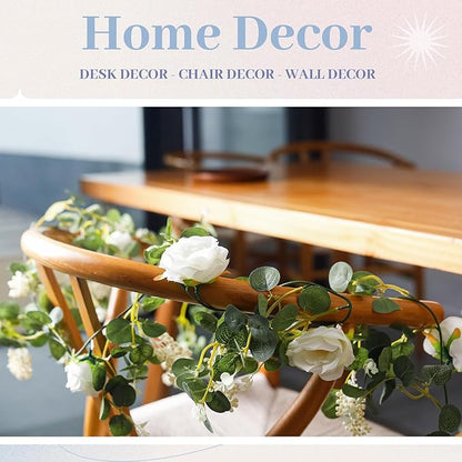 Der Rose 2Pcs Artificial Eucalyptus Flower Garland with Fake Rose Flower Vine Seeded Eucalyptus Leaves Greenery Garland for Wedding Table Runner Backdrop Party Centerpiece Decor (White-Total 13FT)