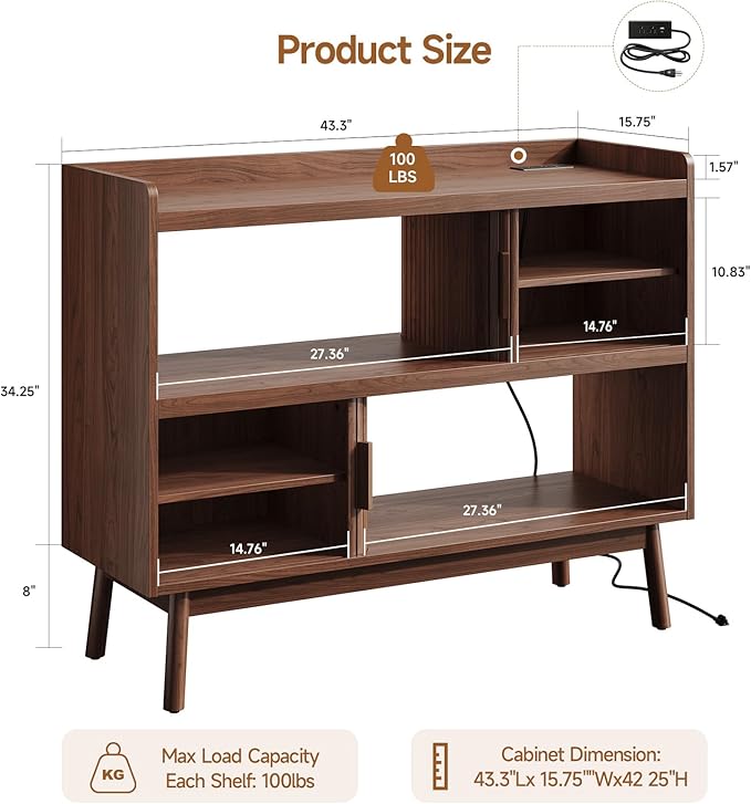 ONBRILL 44" Sideboard Buffet Cabinet with Outlet & 2 Open Storage Spaces, Fluted Sideboard Cabinet with Sliding Door & Adjustable Shelves, Mid-Century Accent Coffee Bar Console Table with Wooden Feet
