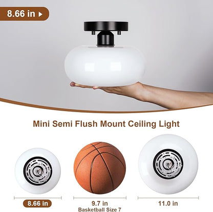 Mid-Century Modern Semi Flush Mount Ceiling Light, Metal Kitchen Light Fixture with Glass Shade, Mini White and Black Colse to Ceiling Lamp for Entryway Hallway Bathroom (8.66 Inch)