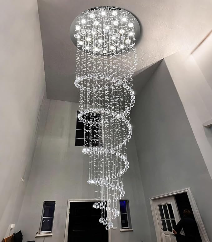 W47 x H118 High Ceiling Chandelier with LED Bulbs Dimmable Long Light Glam Chandeliers Crystal Pendants Light Fixtures for Foyer Entryway Living Room Stair Silver