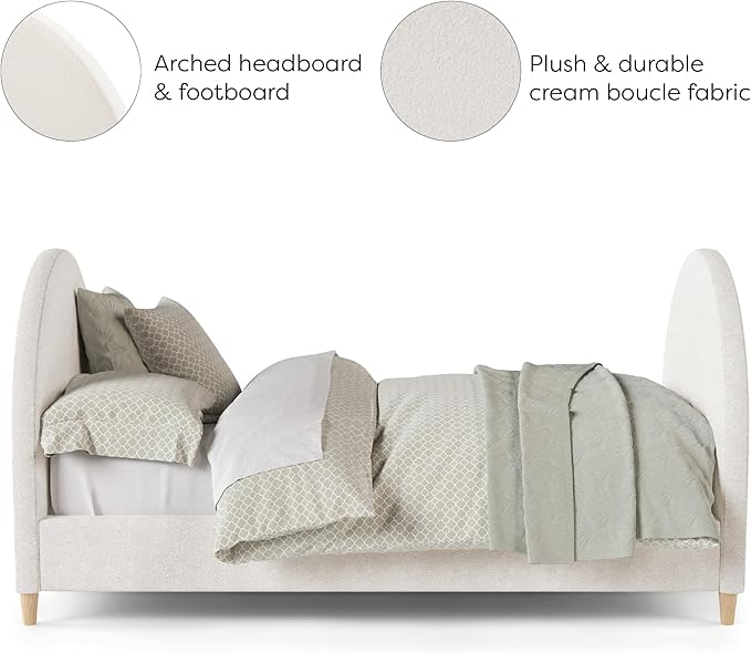 DG Casa Boucle Cloud Daybed Frame with Arched Side Panels, Upholstered in Cream White Fabric, Twin Platform Bed Frame with Solid Wood Legs – Boho or Modern Style – No Box Spring Needed