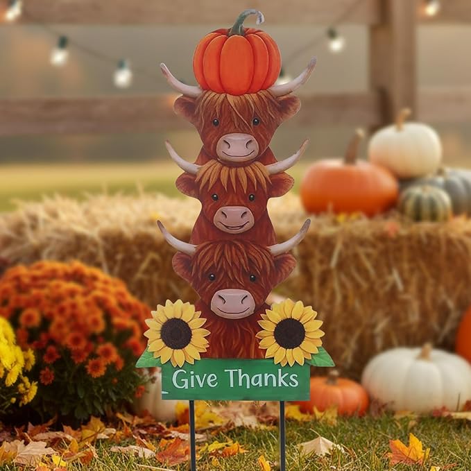 Thanksgiving Outdoor Decorations 39.3" with GIve Thanks Sign and Sunflowers, Large Highland Cow Fall Garden Stakes for Yard Lawn, and Autumn Harvest Decorations