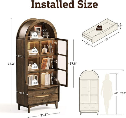 STO'SENSE 73" Tall Arched Bookshelf with LED Lights,4-Tier Modern Farmhouse Arched Bookcase with Glass Doors and Shelves,Wooden Display Cabinet with 2 Drawers for Living Room, Dining Room (Walnut)