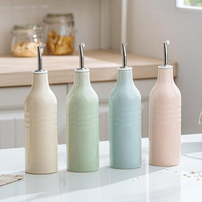 famiware Jupiter 16oz Ceramic Olive Oil Dispenser Bottle, Olive Oil and Vinegar Dispenser Bottle Set of 2 with Stainless Steel Pourers, Suitable for Storage Vinegar, Liquids, Light Blue