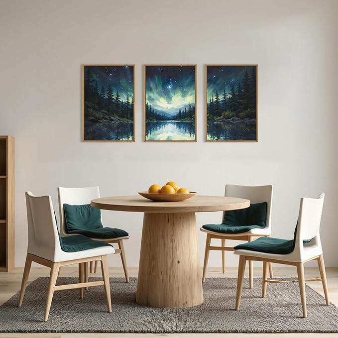 HOURIA Northern Lights Forest Lake Framed Canvas Wall Art Set,Aurora Borealis Mountain Wall Decor,Night Sky Reflective Water Artwork,Modern Wilderness Landscape Prints for Living Room,Office-24"x36"x3