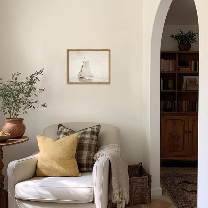 KBKBART Framed Wall Art Muted Sailboat Vintage Wall Decor, Antique Lake House Watercolor Canvas Art Prints Painting, Rustic Farmhouse Wall Art North Prints for Bedroom, Bathroom, Living Room, Gallery, Neutral Wall Decor(8"x10")