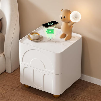 homary Modern White Nightstand with 2 Drawers, Wireless Charging and Sintered Stone Top, Smart Bedside Table for Bedroom Living Room