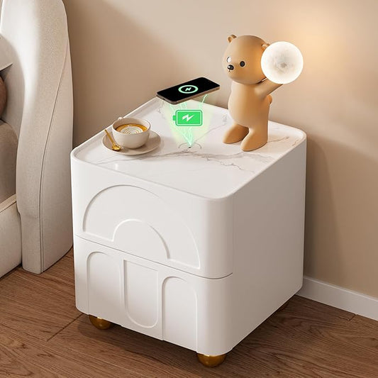 homary Modern White Nightstand with 2 Drawers, Wireless Charging and Sintered Stone Top, Smart Bedside Table for Bedroom Living Room