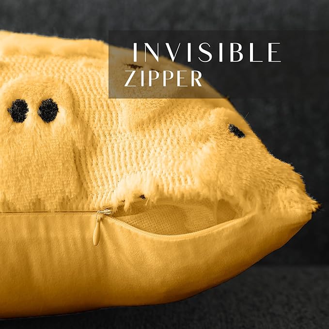 DFXSZ Halloween Pillow Covers 18x18 inch Set of 2 Yellow Ghost Throw Pillow Cases Soft Plush Faux Fur Wool Cushion Case for Chair Bedroom Living Room Home Decor PTK03H18