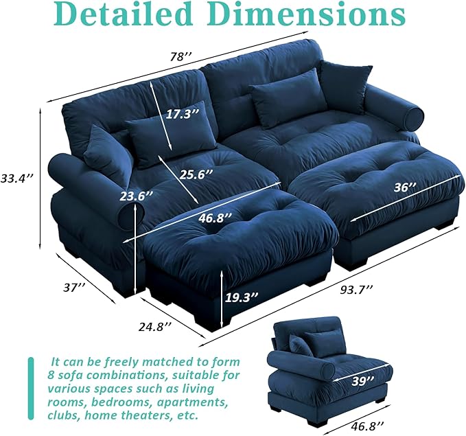 SoarFlash Modern Sofa Couches for Living Room, Small Sectional Sofa Set with Reversible Chaise, Sleeper Sofas and Modular Couch Function, Suitable for Small Spaces in Apartment, Blue