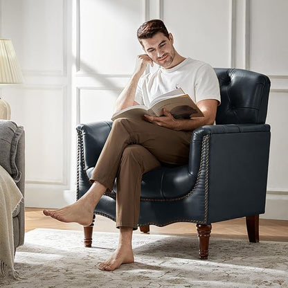 HULALA HOME Mid Century Modern Leather Club Chairs, Top-Grain Genuine Leather Armchairs with Button-Tufted Back & Solid Wood Legs, Accent Chairs for Living Room/Bedroom/Home Office, Navy