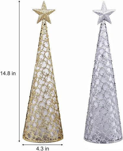 Juegoal Lighted Christmas Table Decorations with Star and 10 LED Lights Battery Operated, Indoor Xmas Thanksgiving Holiday Wedding Party Tabletop Desk Ornament, Set of 2 (Gold, Silver)