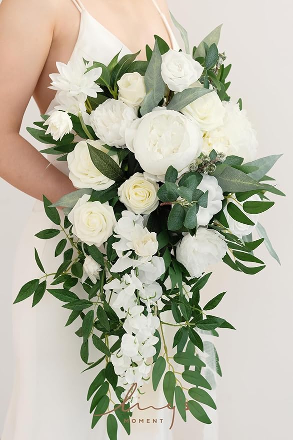 Ling's Moment White Bridal Bouquet Cascading, Ivory Wedding Bouquets for Bride, 15 Inch Bride Bouquets for Wedding Artificial Flowers Bouquets