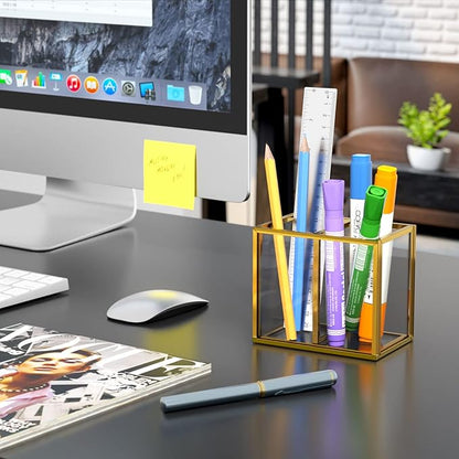 NIUBEE Gold Acrylic Pen Holder for Desk, Clear Pencil Cup Organizer Makeup Brush Holder, Acrylic Desk Organizers and Accessories for Desktop Office - 2 Compartments