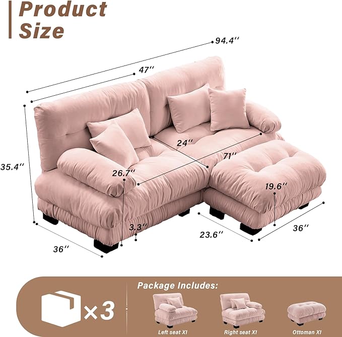 SoarFlash L Shaped Couches for Living Room, Small Sectional Sofa Set with Reversible Chaise, Modern Designed Sleeper Sofas and Modular Couch Function, Suitable for Small Spaces in Apartment, Pink