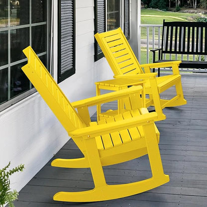 GREENVINES Outdoor Rocking Chairs | Set of 4 | Porch Rocker | HDPE Plastic | Yellow | Oversized Rockers | High Back | Big & Tall | Ladder Back | for Patio Outside Backyard Balcony Garden