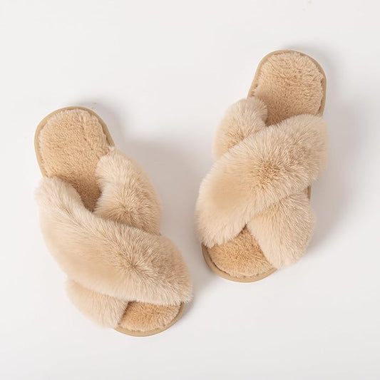 Women's Slipper Memory Foam Cross Band Fuzzy Slippers Open Toe Cozy House Slippers Cozy Plush Bedroom Indoor Outdoor