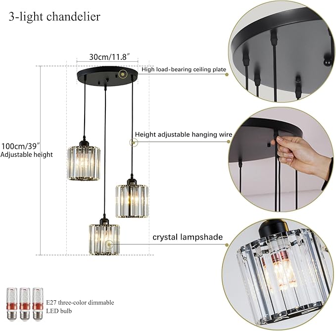 Crystal Pendant Lights Black 3 Light Cluster Ceiling,Modern Hanging Light Fixture for Kitchen Island,Adjustable Round Chandelier for Farmhouse,Dining Room,Foyer,Living Room with LED Bulb