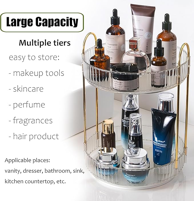 Rotating Makeup Organizer Countertop 2 Tier Lazy Susan Clear Skincare Perfume Storage for Bathroom Counter Vanity, Transparent