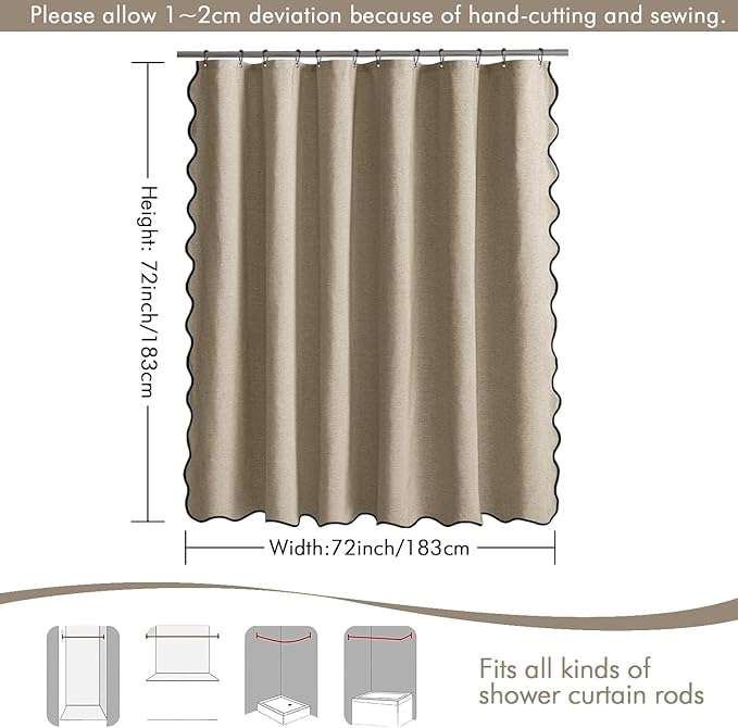 MIULEE Khaki Scalloped Shower Curtain Linen Textured with 12 Metal Hooks Cute Heavy Duty Washable Waterproof Thick Cloth Shower Curtains with Black Border for Bathroom Hotel Bathtub,W72*L72