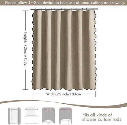 MIULEE Khaki Scalloped Shower Curtain Linen Textured with 12 Metal Hooks Cute Heavy Duty Washable Waterproof Thick Cloth Shower Curtains with Black Border for Bathroom Hotel Bathtub,W72*L72