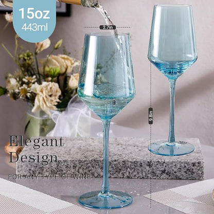 Physkoa Blue Wine Glasses Set 6 - Crystal Blue Wine Stemware with Long Stem and Thin Rim, Perfect for Wedding, Birthday, Anniversary - 15oz