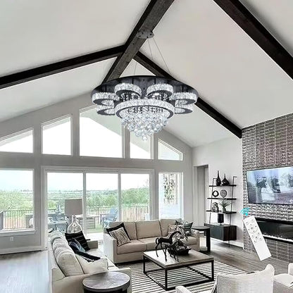 Modern Chandelier Living Room Glam Chandeliers Ceiling Light Fixture Remote Dimmable Lights 32 Inches Luxury Crystal Black Light