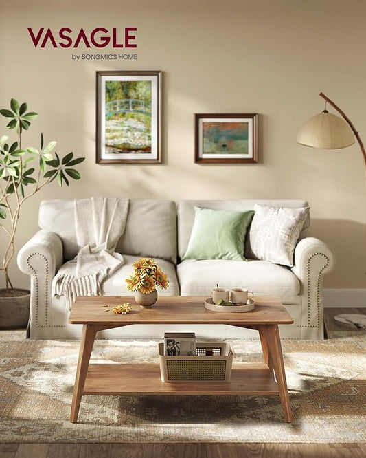 VASAGLE MAEZO Collection - Coffee Table, 2-Tier Center Table with Storage, Tapered Legs, Curved Transitions, 21.7 x 39.4 x 17.7 Inches, Easy to Assemble, for Living Room, Honey Brown ULCT249K01