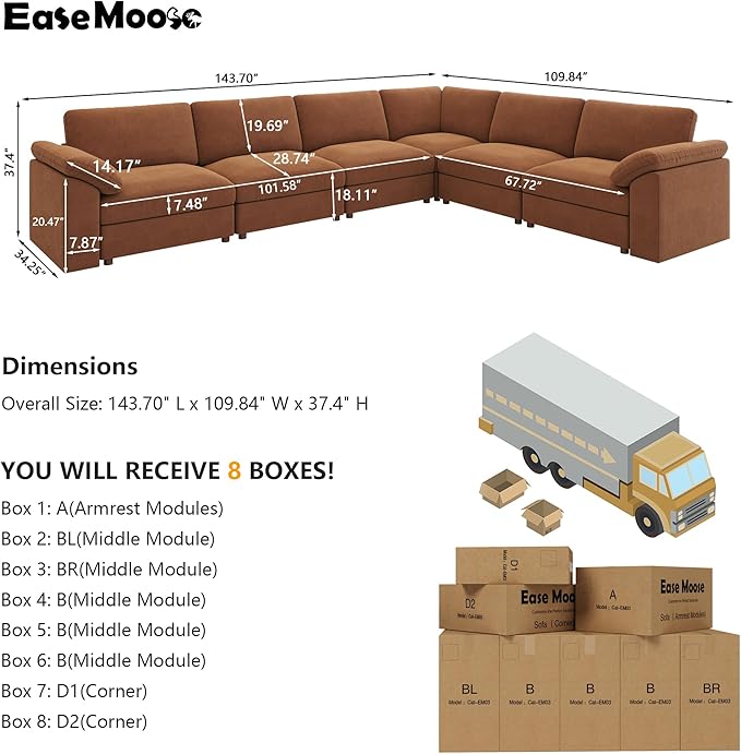 EASE MOOSE Oversized L Shape Sectional Couch,Extra Large Deep seat Brown Sectional Modular Sofa for Living Room