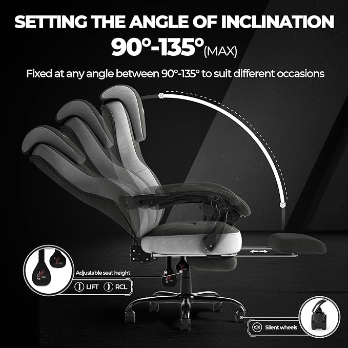 Ergonomic Office Chair with Adjustable Headrest and Footrest, High Back Desk Chair with Linkage Armrests, Reclining Swivel Chair for Home Office, Executive Office Chair (Gray)