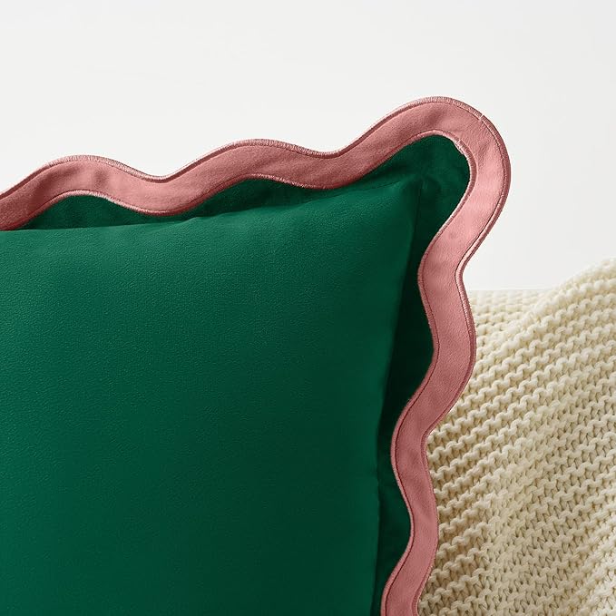 MONDAY MOOSE Decorative Throw Pillow Covers Cushion Cases, Set of 2 Soft Velvet Scalloped Wavy Edge Designs, Mix and Match for Home Decor, Pillow Inserts Not Included (Pink/Green, 18x18 inch)