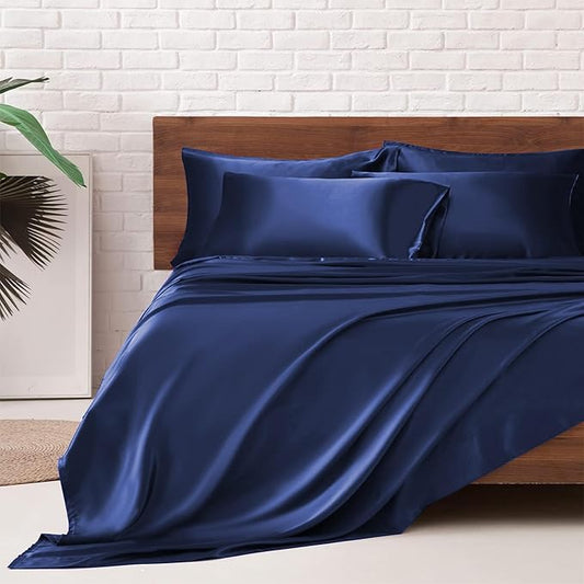 MR&HM Satin Bed Sheets, Queen Size Sheets Set, 6 Pcs Silky Bedding Set with 15 Inches Deep Pocket for Mattress (Queen, Navy Blue)