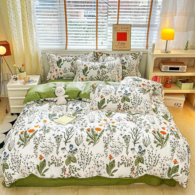 CLOTHKNOW Sage Green Comforter Set Twin/Twin XL Cotton Floral Botanical Bedding Sets White Green Flowers Bedding Comforter Soft 3Pcs Bedding Comforter Sets