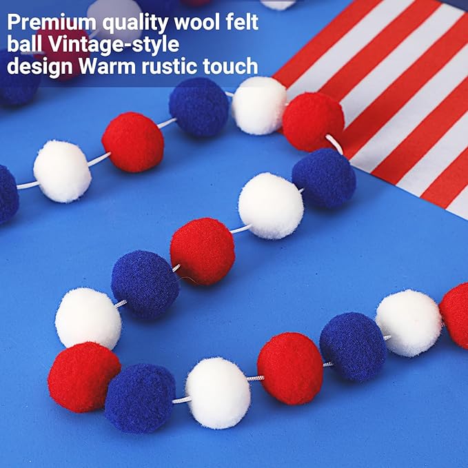 MARFOREVER 4 Pack 26.3 Feet 4th of July Pom Pom Garland Decorations, Red White Blue 30 Balls Independence Day Felt Ball Garland Patriotic Hanging Supplies for Memorial Day Labor Day Party Home Decor