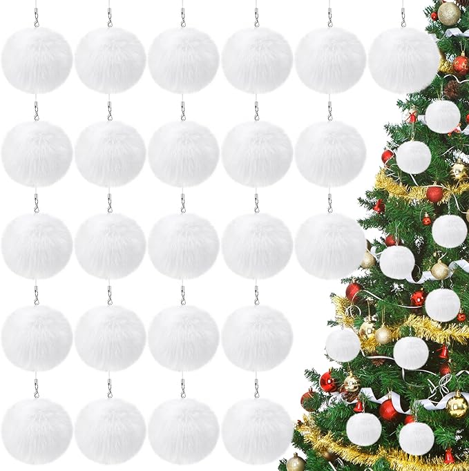 Nuenen 72 Pcs 3.15 Inch White Furry Christmas Ball Ornaments Christmas Pom Poms Ornaments Faux Rabbit Fur Balls Bulk with Elastic Band for Xmas Tree Decorations DIY Craft Hat Keychain (White)