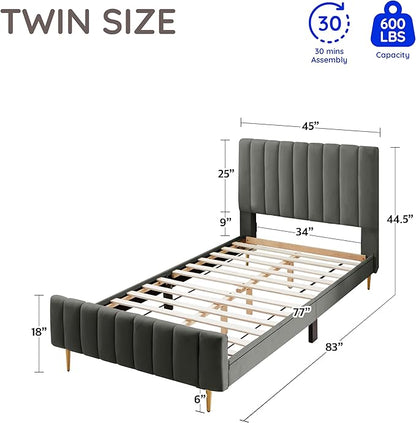 Livinia Twin Size Elton Velvet Platform Bed, Upholstered Bed Frame with Vertical Channel Tufted Headboard Footboard, Strong Wood Slats, No Box Spring Needed, Gray (Twin)