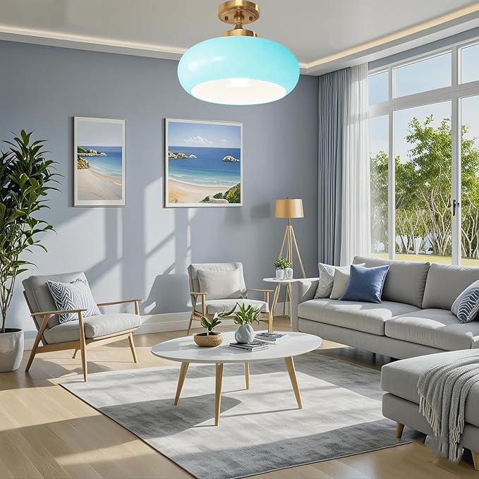 Mid Century Modern Flush Mount Ceiling Light Vinatage 11.02" Blue Glass Shade Brass Finish Ceiling Light Fixture Closet Overhead Light for Bathroom Kitchen Passway