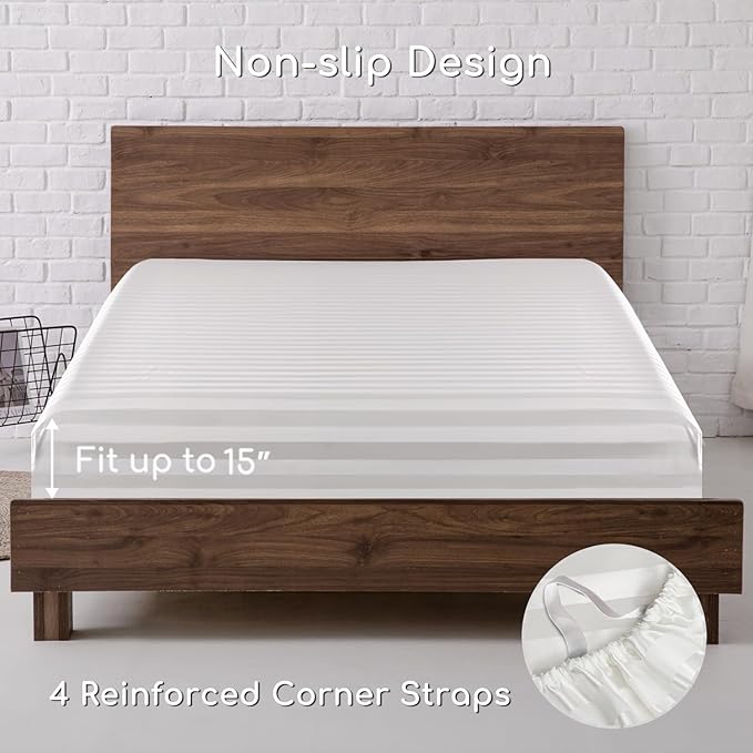 MR&HM Satin Bed Sheets, Full Size Sheets Set, 4 Pcs Silky Bedding Set with 15 Inches Deep Pocket for Mattress (Full, Ivory Striped)