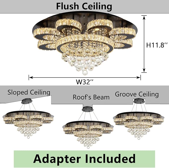 Modern Chandelier Living Room Glam Chandeliers Ceiling Light Fixture Remote Dimmable Lights 32 Inches Luxury Crystal Black Light