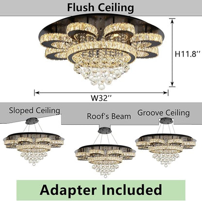 Modern Chandelier Living Room Glam Chandeliers Ceiling Light Fixture Remote Dimmable Lights 32 Inches Luxury Crystal Black Light
