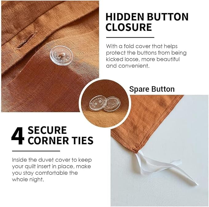 Simple&Opulence 100% Linen Duvet Cover Set 2pcs Natural French Basic Style Washed Flax Solid Color Breathable Soft Farmhouse Bedding with Button Closure (Rust, Twin)