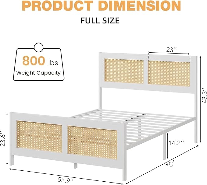 GarveeHome Full Size Rattan Bed Frame with Headboard, White Boho Cane Platform Bed Frame with Strong Metal Slat, Noise Free, No Box Spring Needed