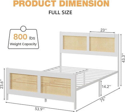 GarveeHome Full Size Rattan Bed Frame with Headboard, White Boho Cane Platform Bed Frame with Strong Metal Slat, Noise Free, No Box Spring Needed