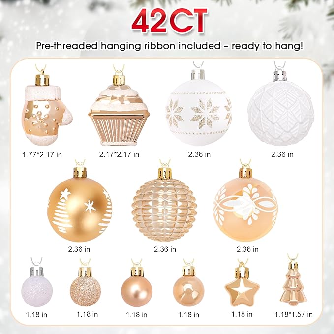 DeckTheHalls 42 Pcs Christmas Ornaments, Various Styles of Christmas Ball Ornaments, Shatterproof Christmas Balls for Holiday Xmas Tree Decor, Hanging Ornament for Indoor Decoration (Gold & White)