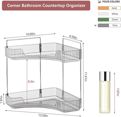 Corner Bathroom Counter Organizer Bathroom Countertop Shelf Makeup Organizer for Vanity Perfume Corner Storage (2 Tiers, Grey)