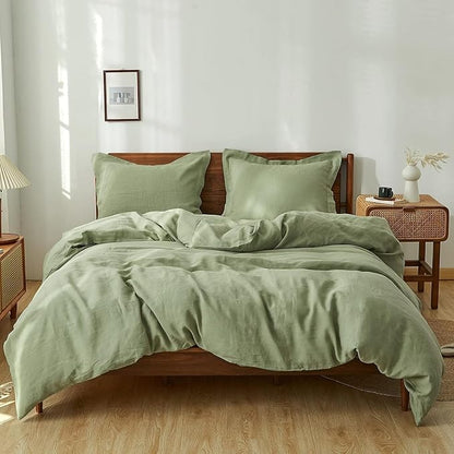 Simple&Opulence 100% Linen Duvet Cover Set, 3 PCS Natural French Flax Sage Green Duvet Cover King Size, Breathable Soft Comfy Linen Bedding Comforter Cover with 2 Pillowcases(Sage Green, 104"x92")