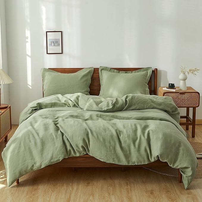 Simple&Opulence 100% Linen Duvet Cover Set, 3 PCS Natural French Flax Sage Green Duvet Cover Queen Size, Breathable Soft Comfy Linen Bedding Comforter Cover with 2 Pillowcases(Sage Green, 88"x92")