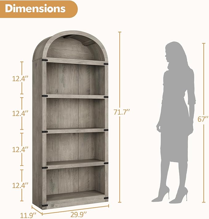 GarveeHome Bookcase 5 Shelf Arched Bookshelf 71.65 in Tall Bookcase Farmhouse Display Storage Rack Wooden Bookshelves for Home Office, Living Room (Rustic Gray)